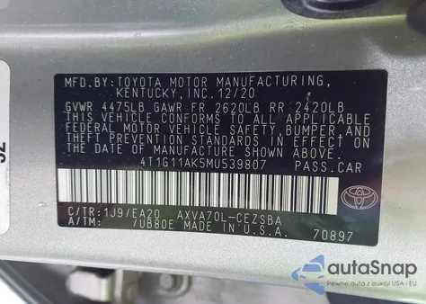 2021 Toyota Camry Se from USA, damaged, VIN 4T1G11AK5MU539807